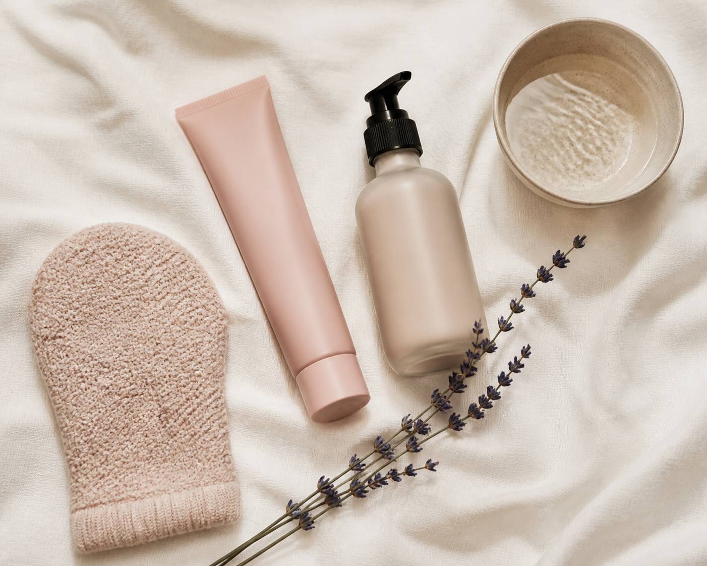 Flat-lay de soins exfoliants et hydratants pour peau granuleuse