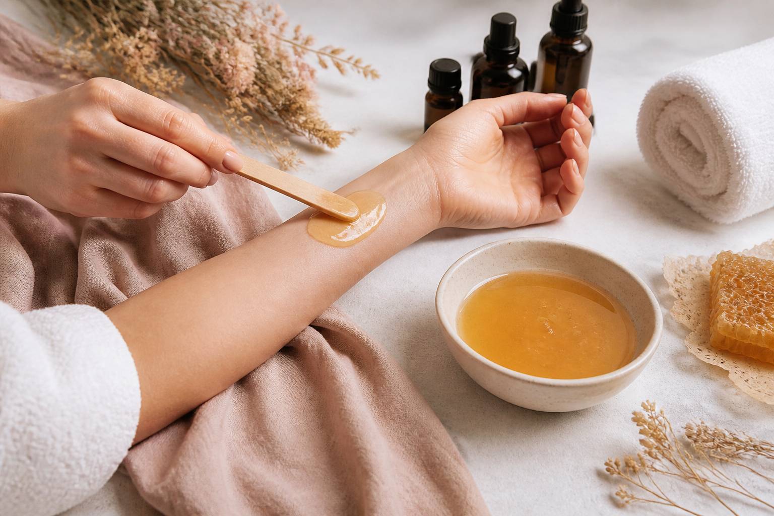 Mains appliquant du miel blond sur un avant-bras lors d'un soin spa
