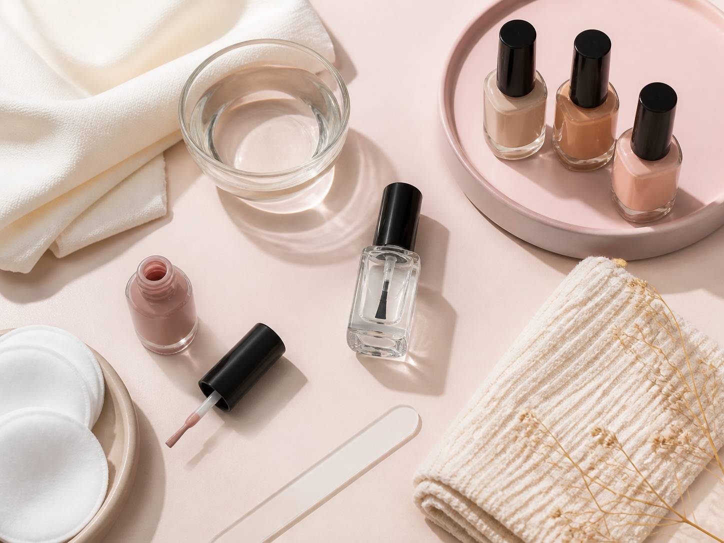 Table de manucure avec vernis nude, lime en verre et cotons