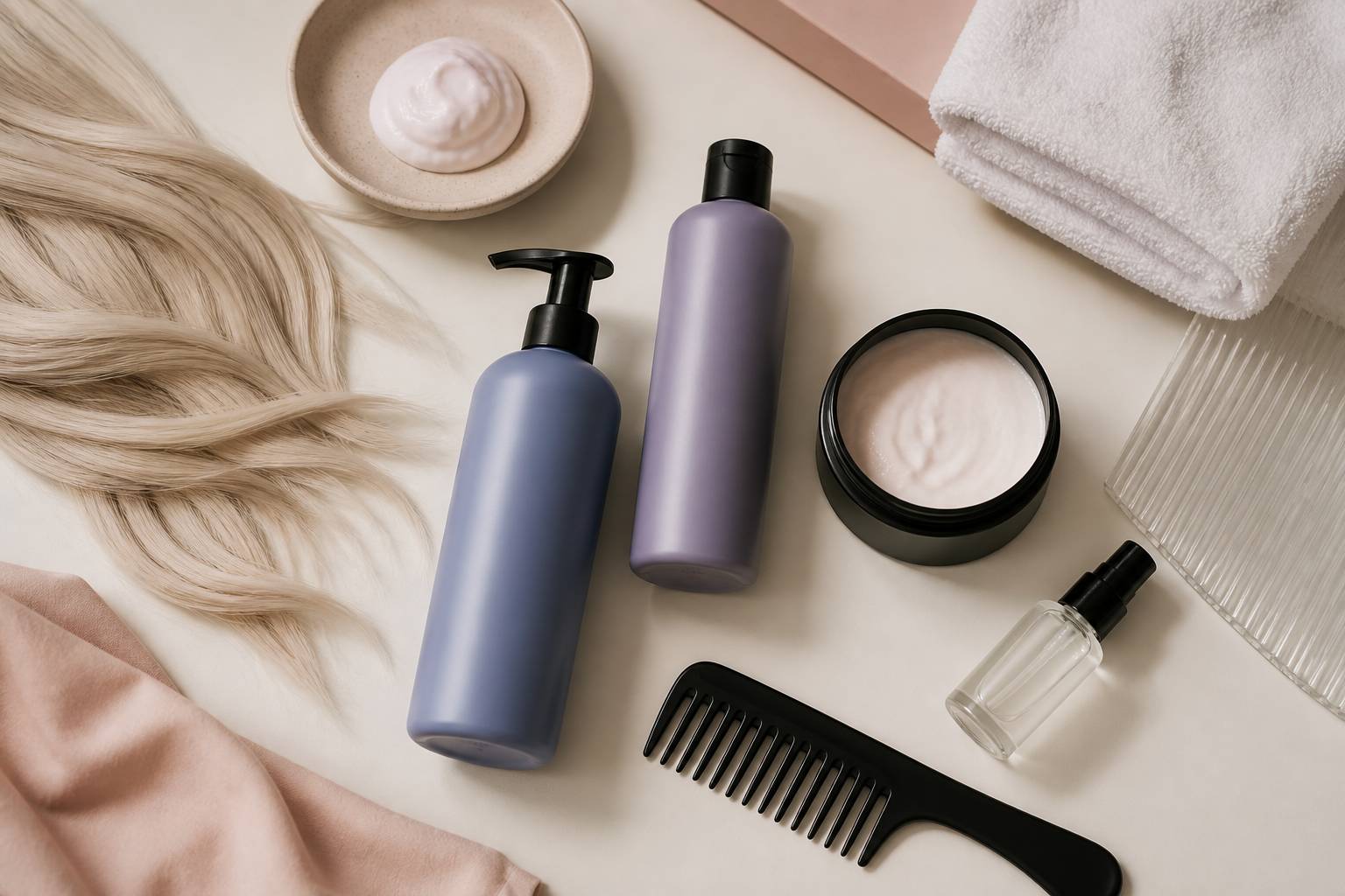 Flat-lay de produits capillaires après décoloration avec mèches éclaircies