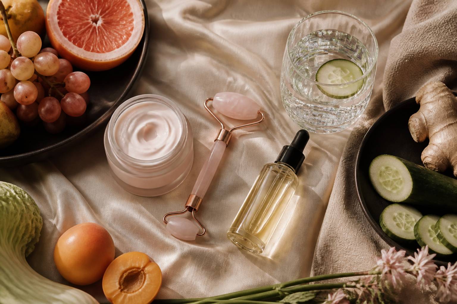 Flat-lay de soins avec crème, rouleau de massage et fruits frais