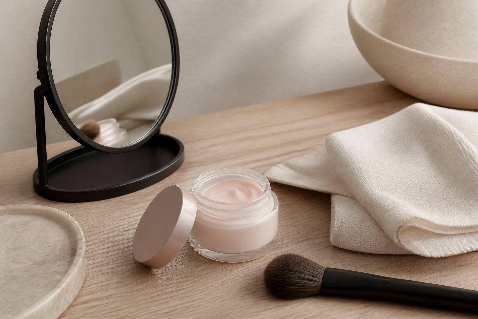 Table de soin avec miroir de maquillage rond et flacon de crème générique