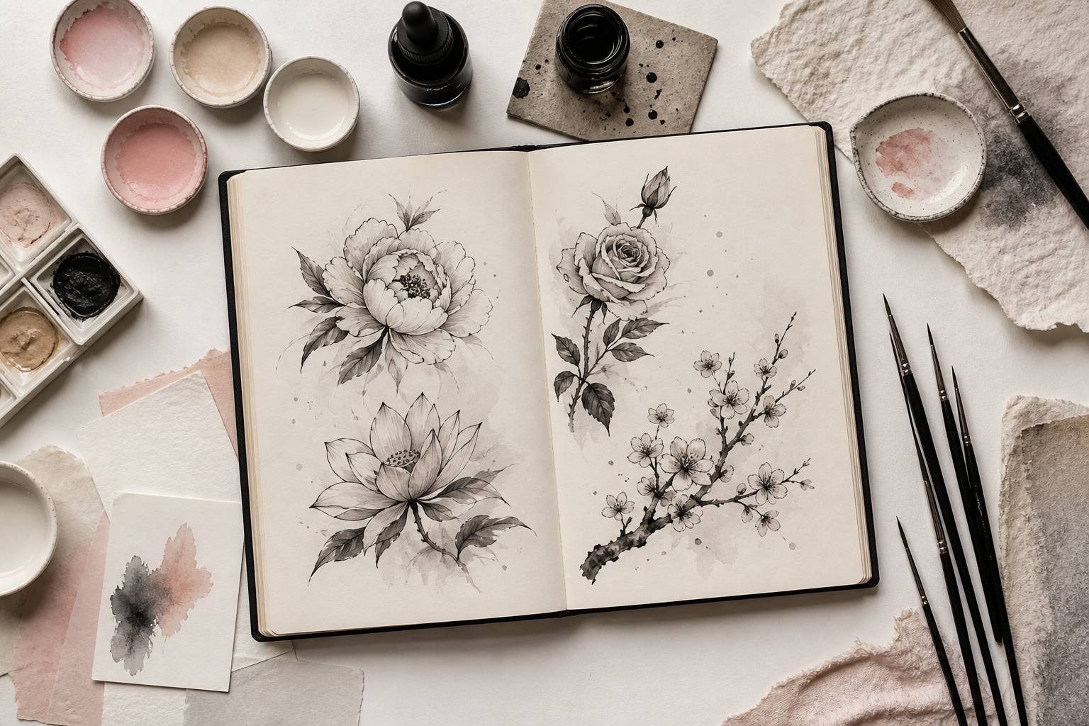 Carnet de croquis de tatoueur avec dessins de fleurs a l'encre et aquarelle
