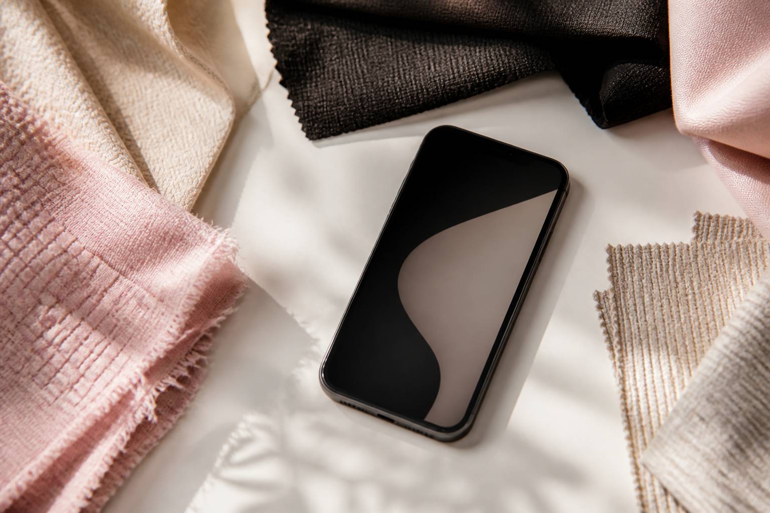 Téléphone et échantillons de tissus en lumière naturelle