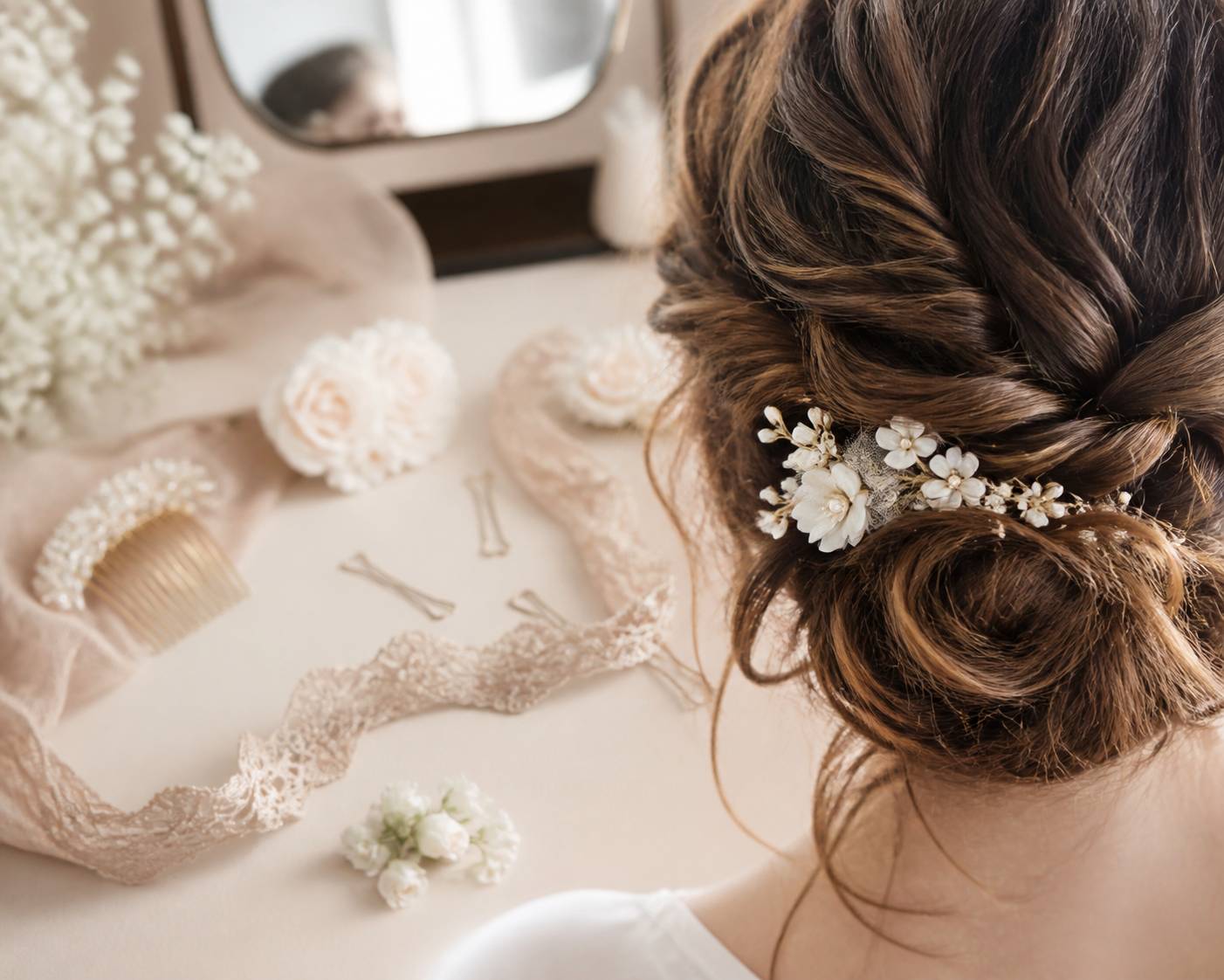 Tresses souples et accessoires cheveux fleuris pour une mariée