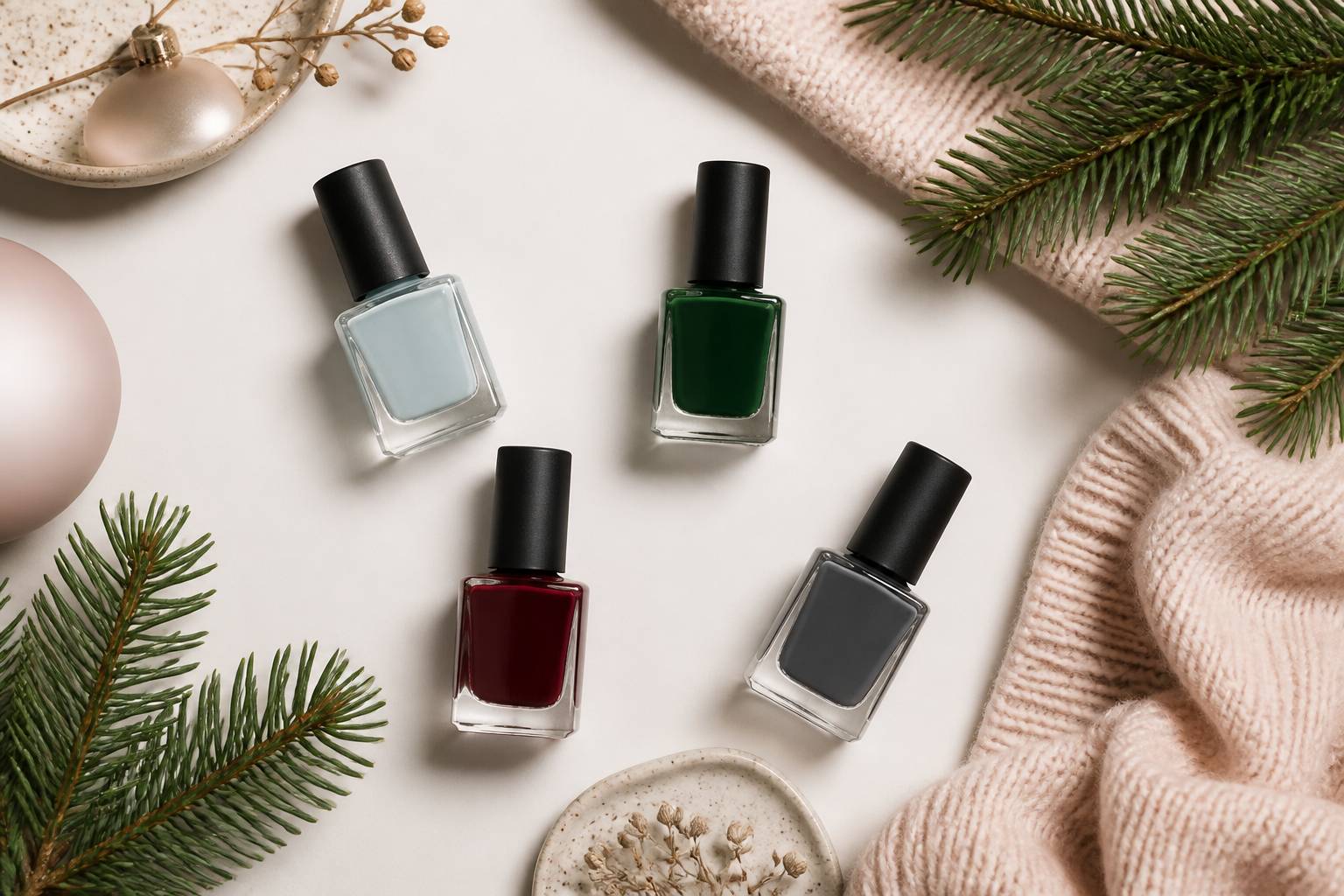 Flacons de vernis aux teintes hivernales sur fond ivoire avec maille