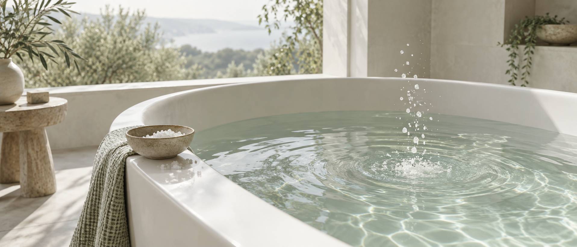 Cristaux de sel verses dans l'eau d'une baignoire avec remous legers