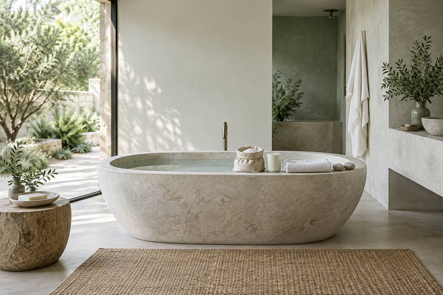 Baignoire avec sachet de cristaux de sel sur le rebord