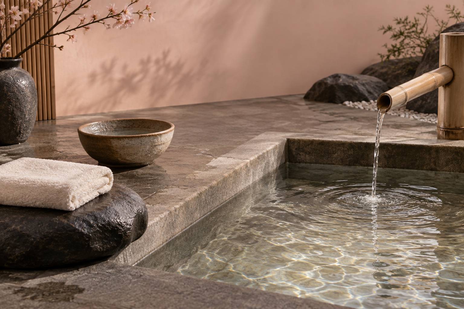 Détail d'un onsen avec robinet en bambou, serviette pliée et bol de rinçage