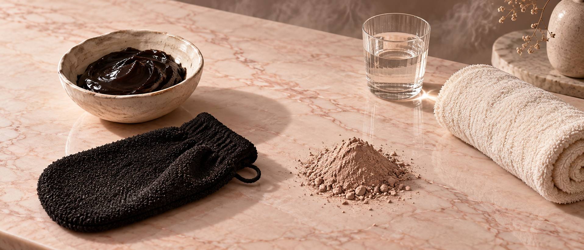 Détail du savon noir, du gant de gommage et de l'argile pour le hammam