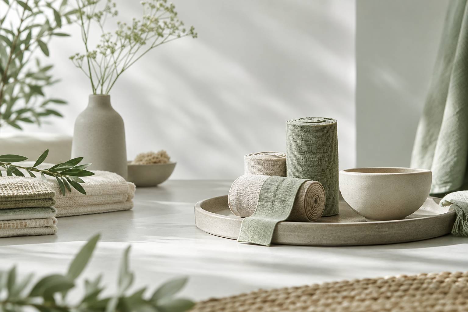 Bandes de compression enroulees sur plateau avec linge plie