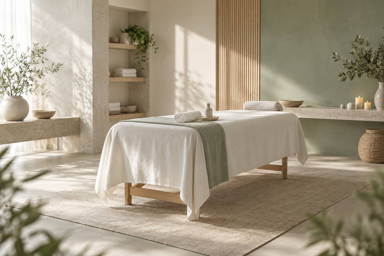 Cabine de soin claire avec table de massage et serviettes