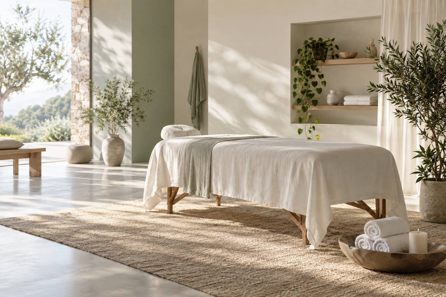 Table de massage garnie d'un drap blanc dans un espace de soin apaise