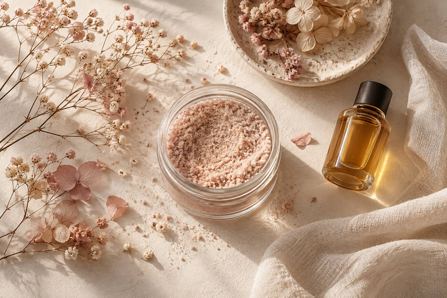 Texture granuleuse dans un pot en verre avec fleurs sechees