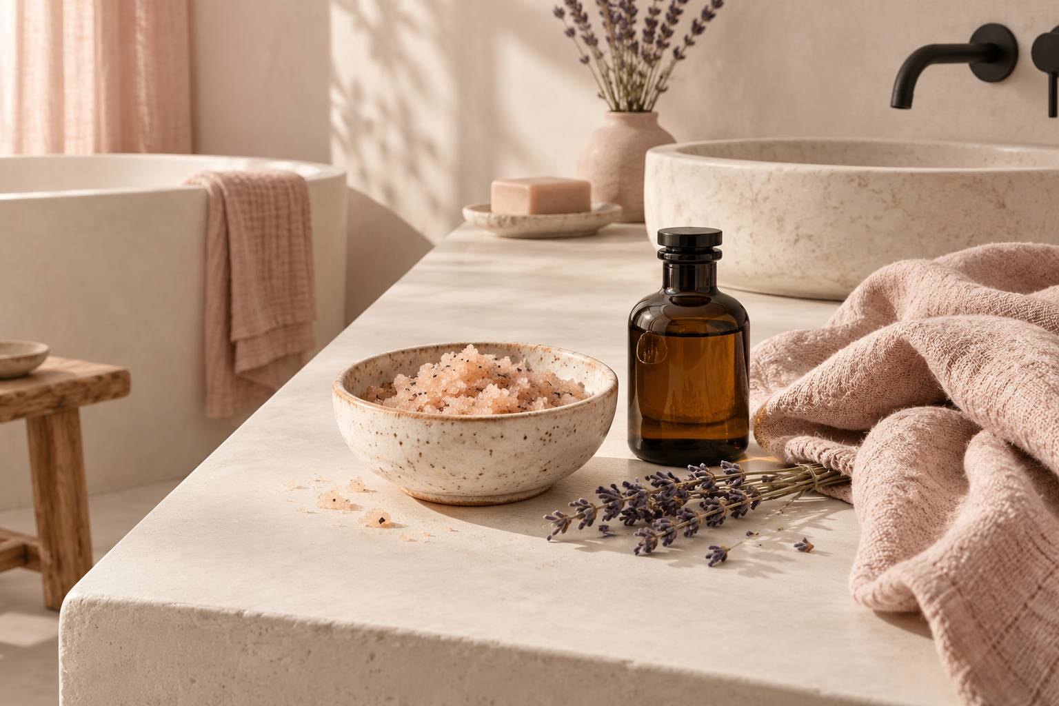 Bol de gommage granuleux et serviette en lin dans une salle de bain