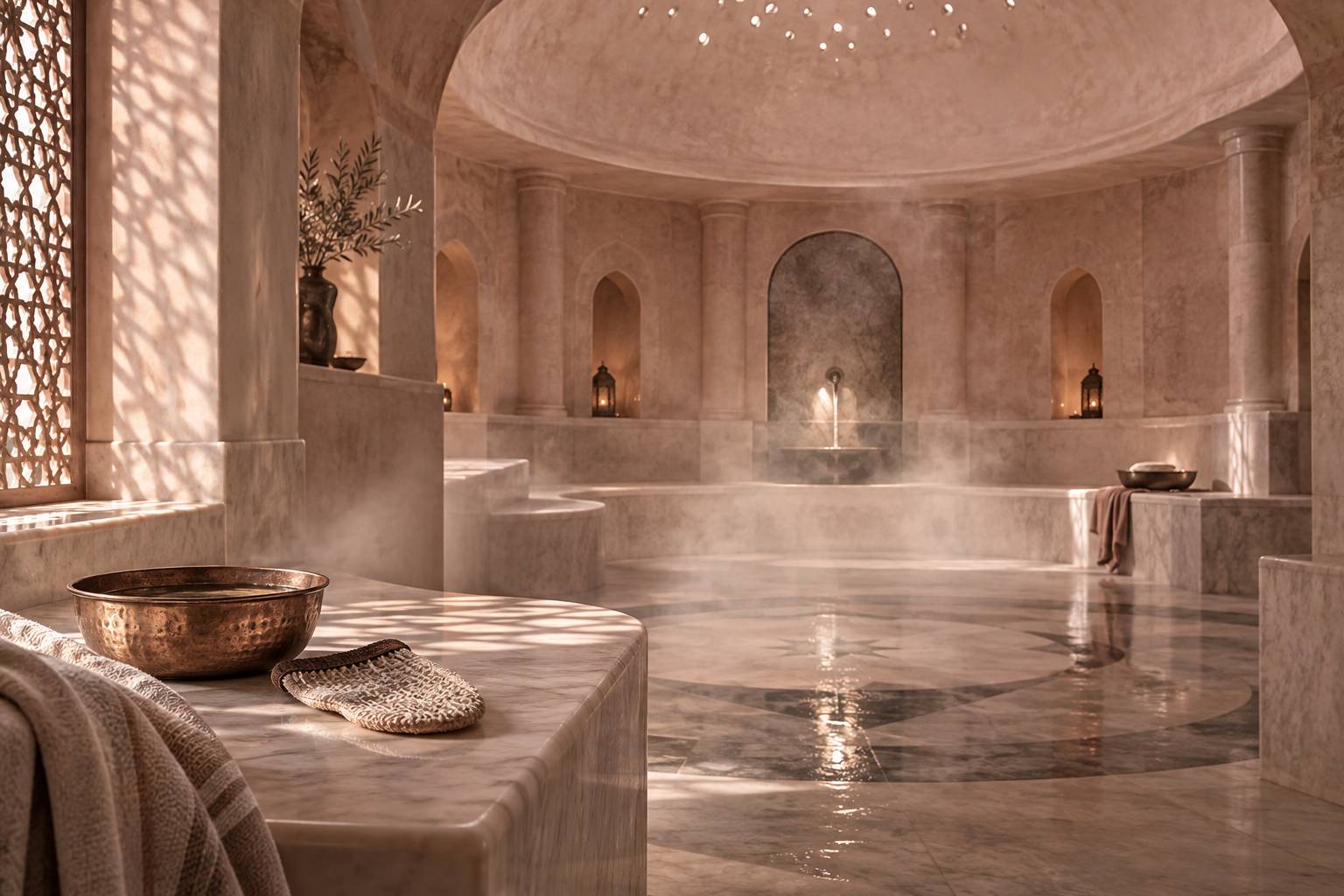 Salle de hammam traditionnelle en pierre et marbre avec de la vapeur