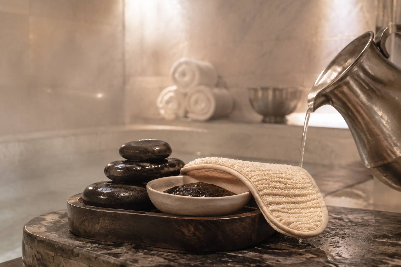 Rituel de soins au hammam avec pierre chaude, bol de savon noir et gant de gommage en céramique beige