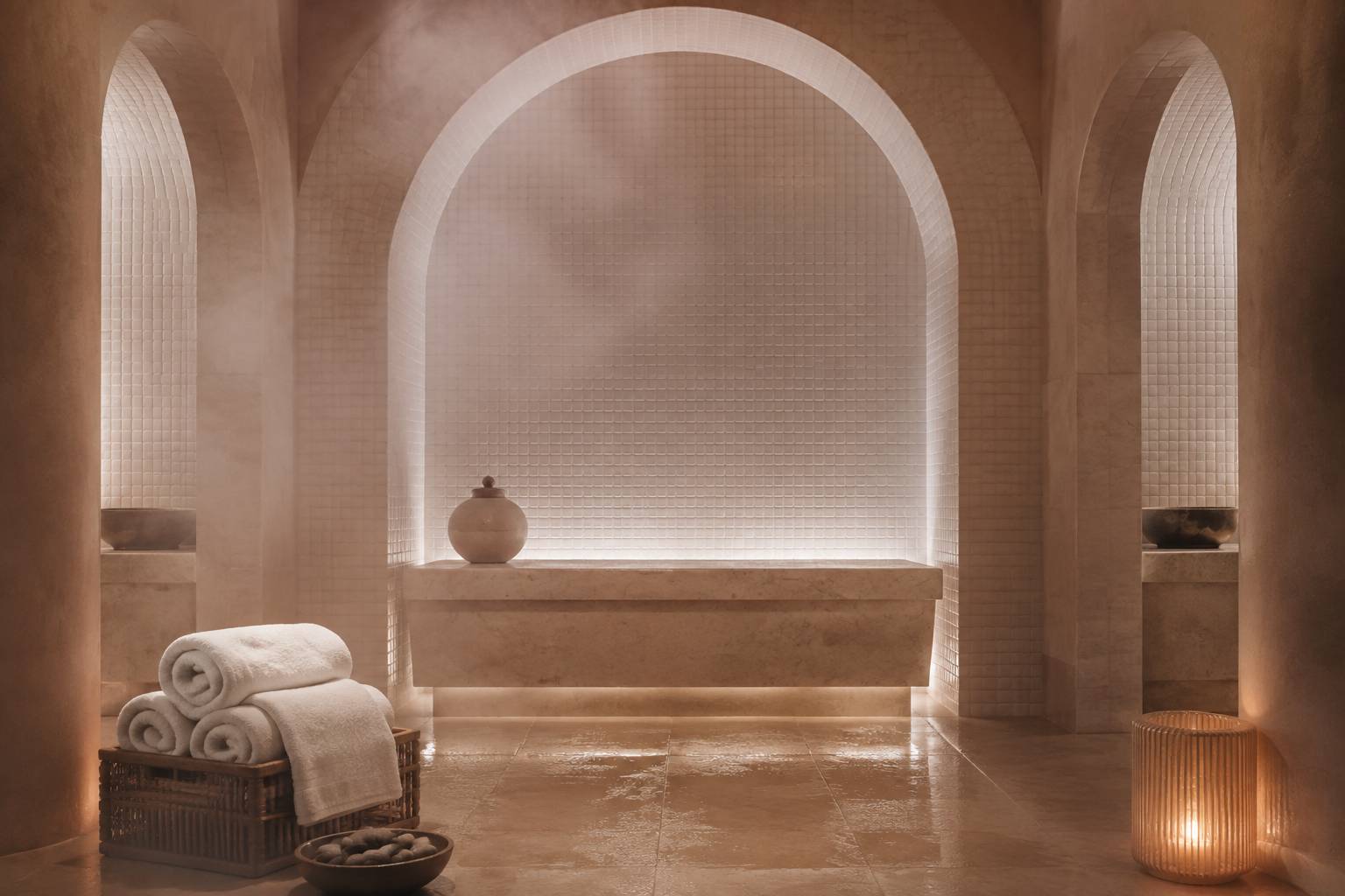 Intérieur de hammam apaisant, banquette en pierre, vapeur légère et serviettes ivoire enroulées