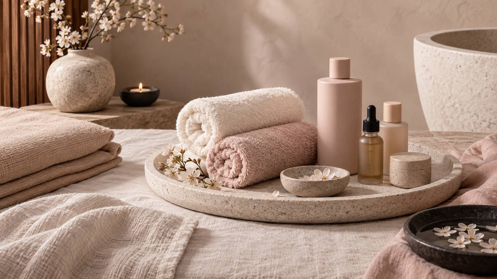 Salle de spa apaisante avec table de massage, serviettes et flacons d'huile