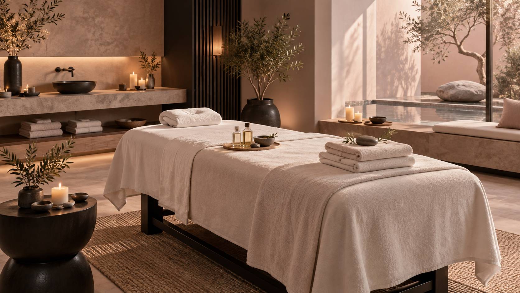Salle de spa apaisante avec table de massage, serviettes et flacons d'huile