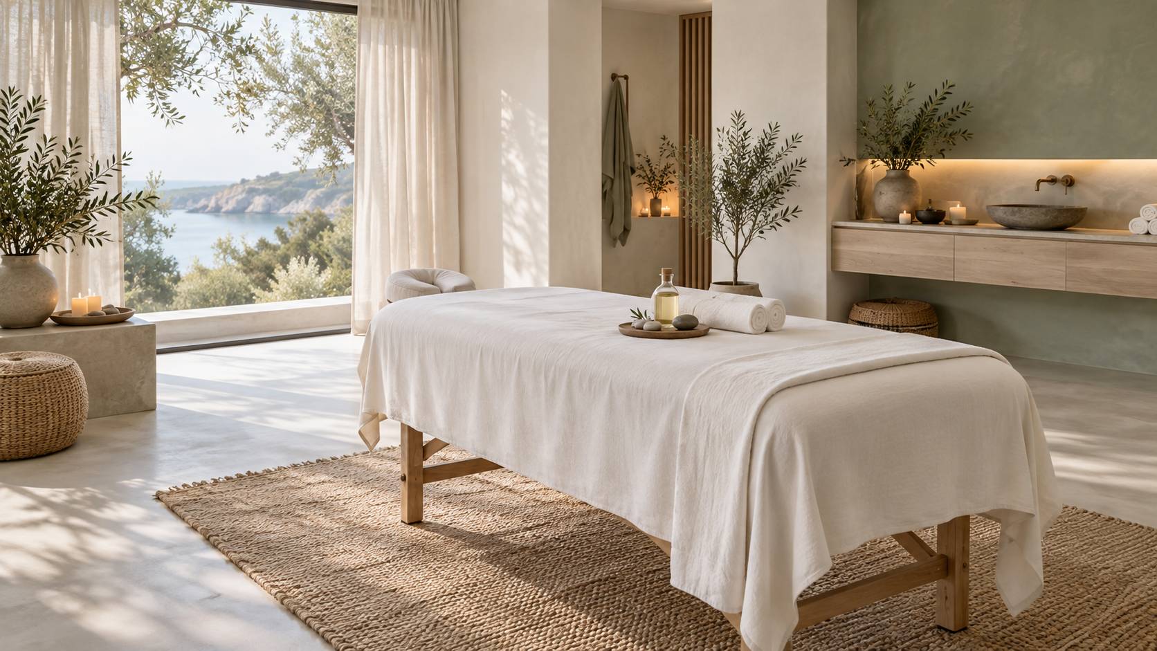 Cabine de soin claire avec table de massage et serviettes roulees