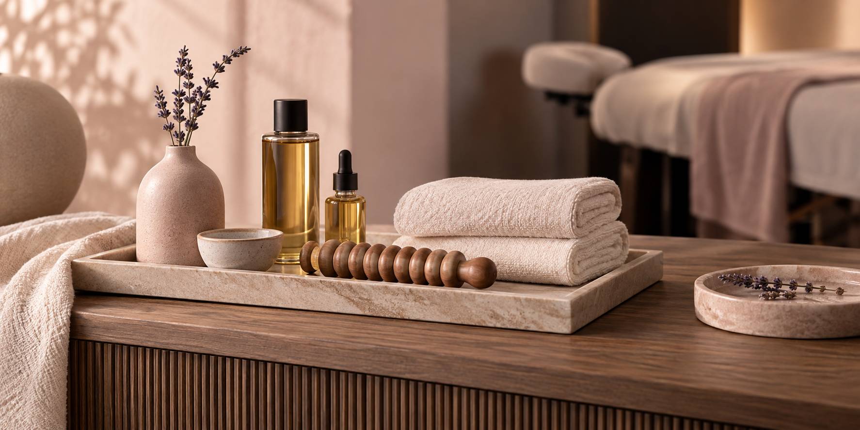 Table de massage avec serviettes roulées et flacons d'huile dans une cabine de soin apaisante