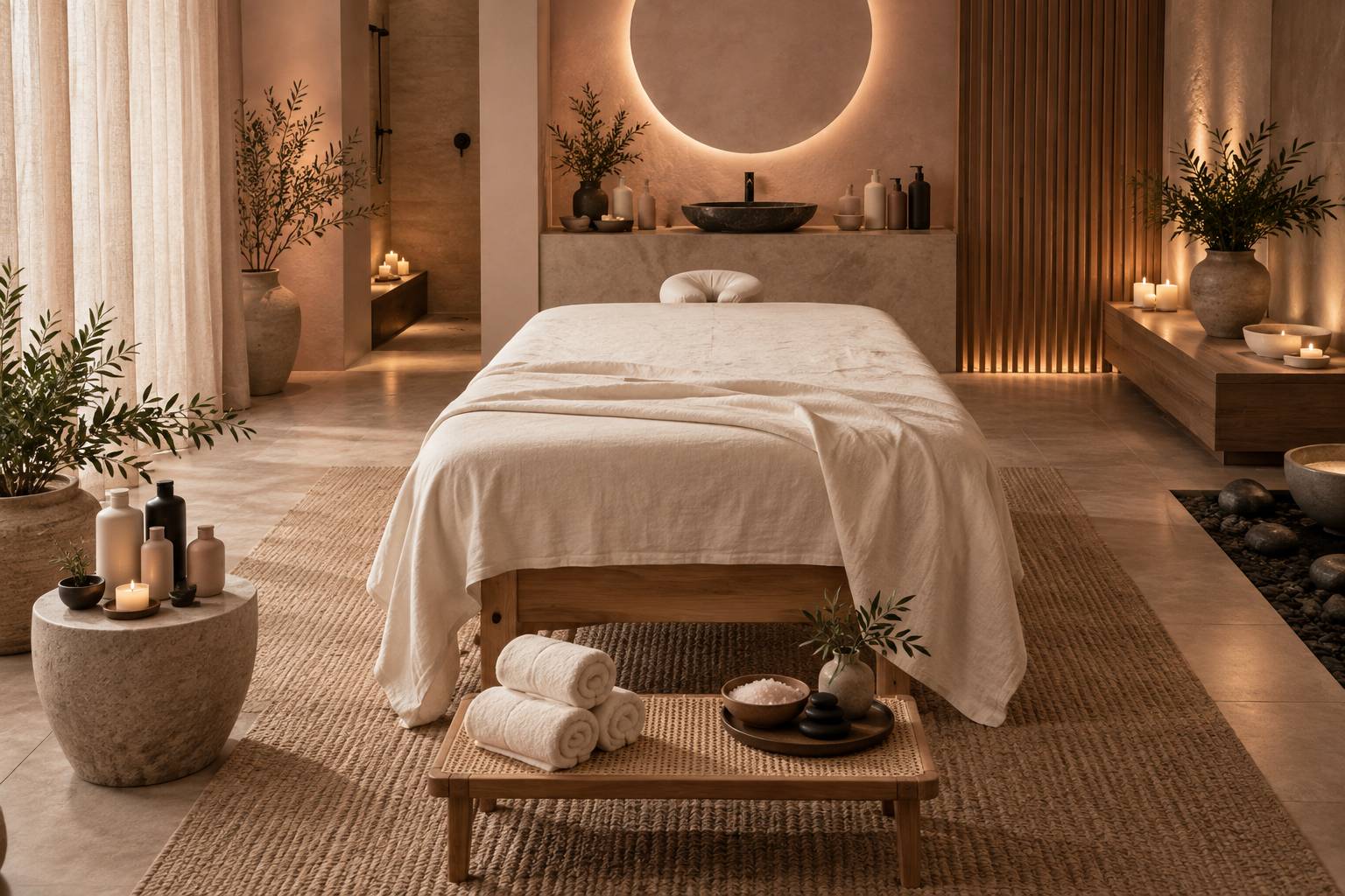Table de massage avec serviettes roulées et flacons d'huile dans une cabine de soin apaisante