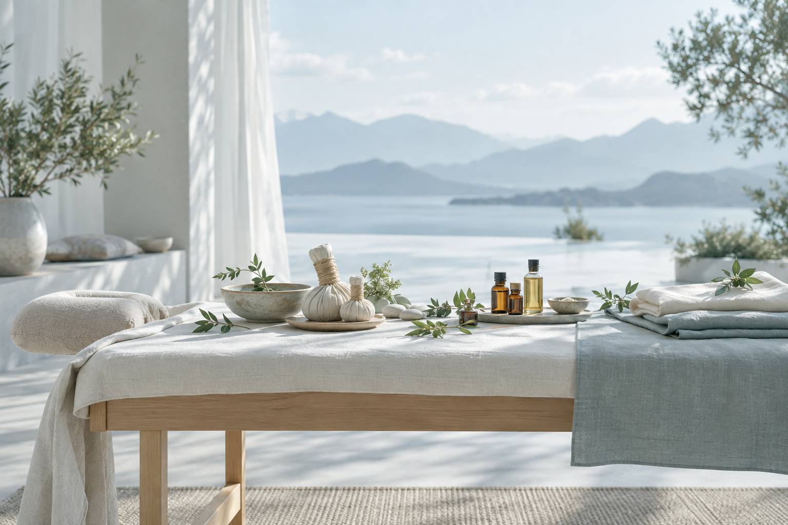 Compresses d'herbes, bol en céramique et flacons d'huile sur une table de soin