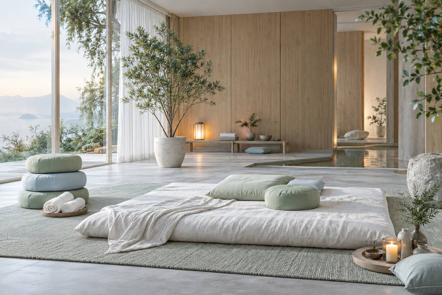 Salle de spa apaisante avec futon en lin, coussins empilés et serviettes roulées