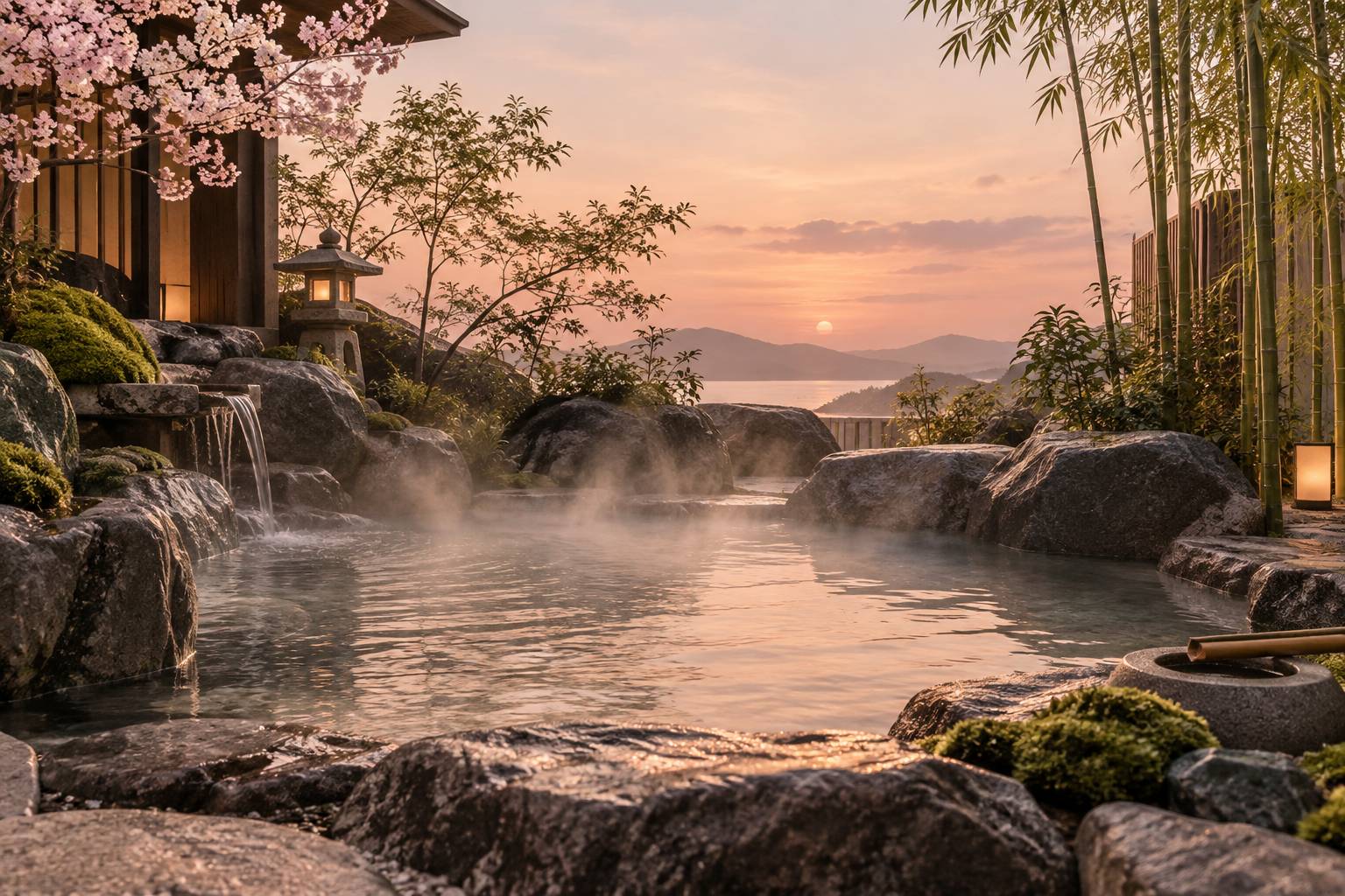 Bassin thermal japonais en pierre avec vapeur légère dans un jardin zen