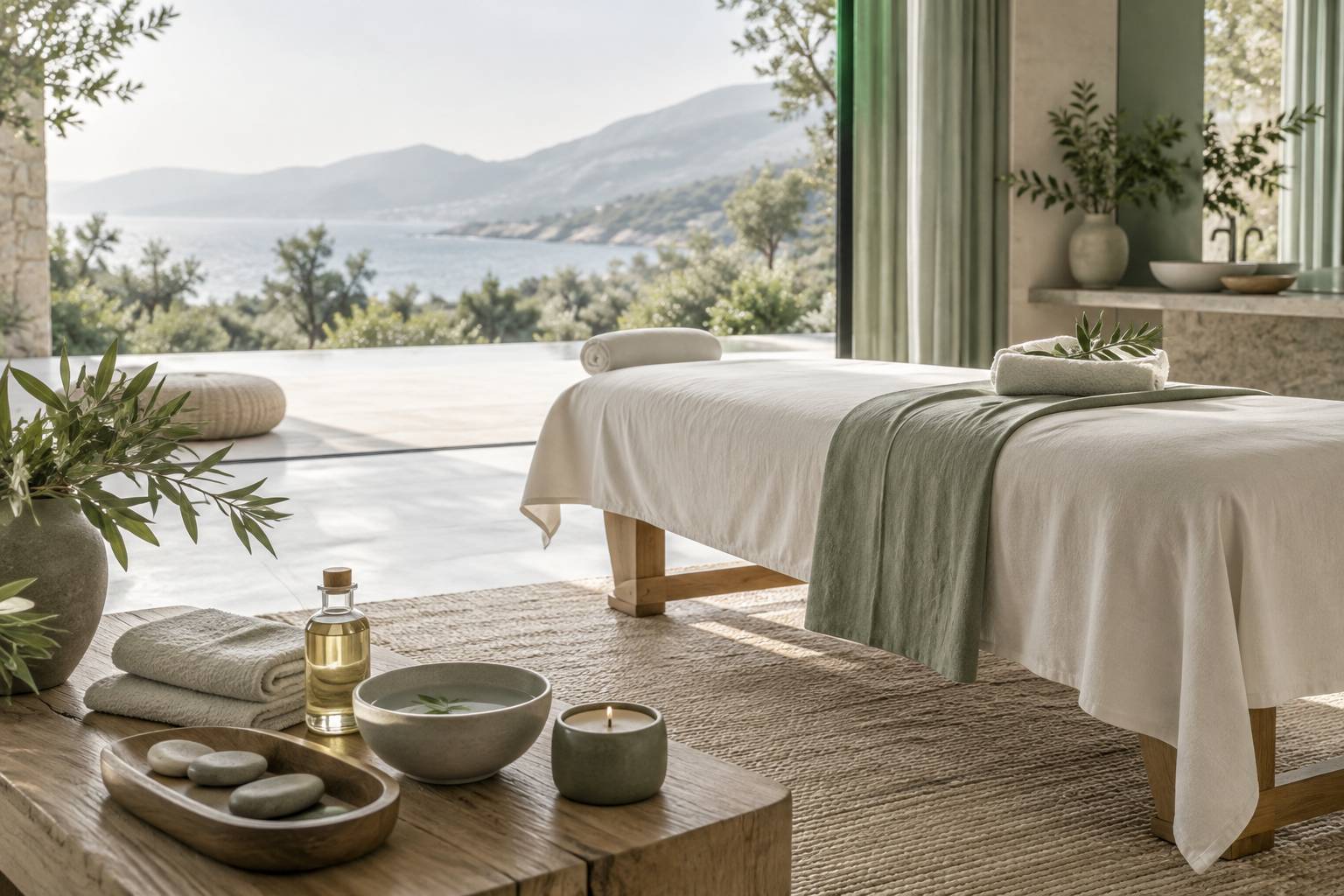 Espace de spa calme avec table de massage et plateau de soins