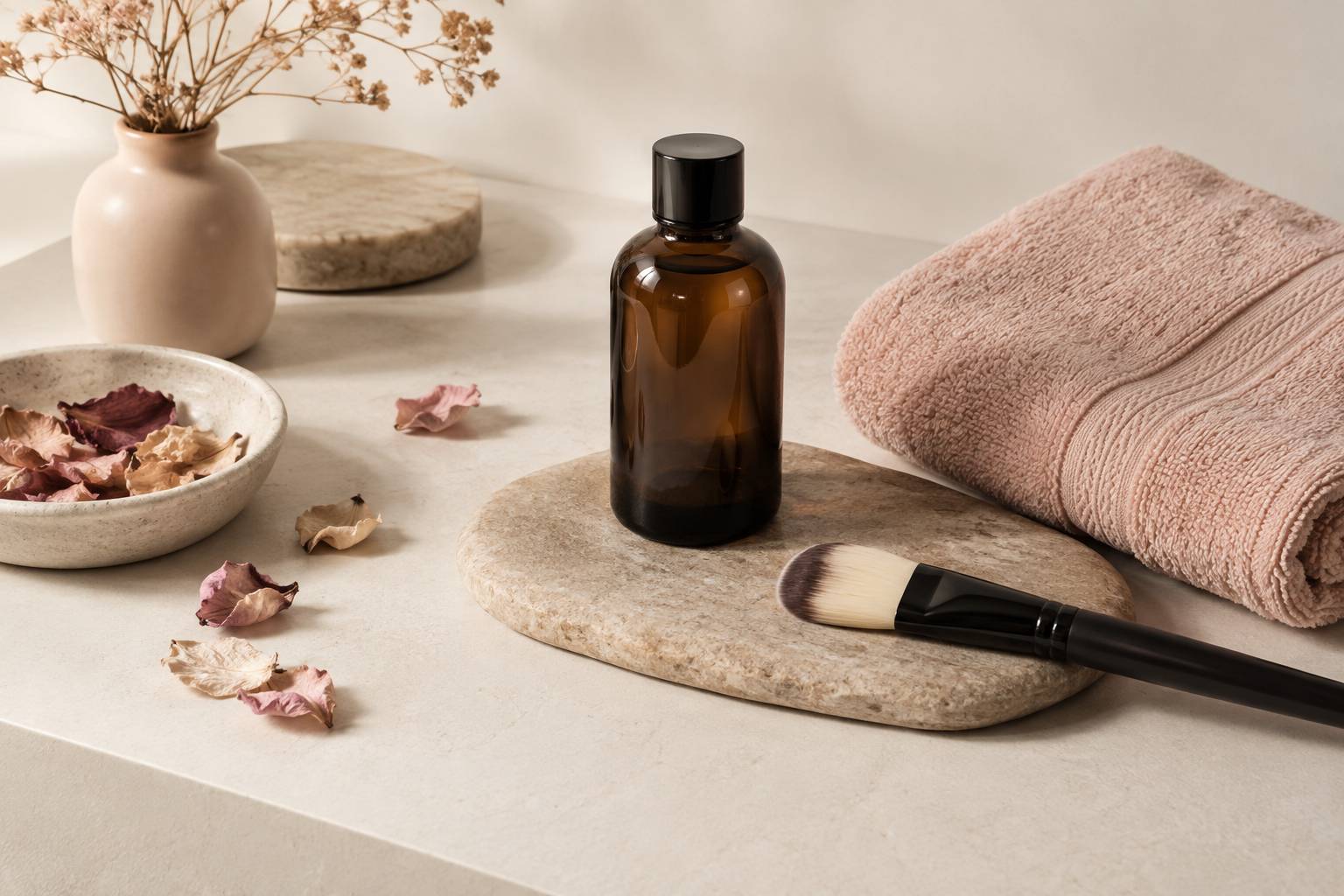 Plateau de soins avec flacon ambre, serviette eponge et petales seches