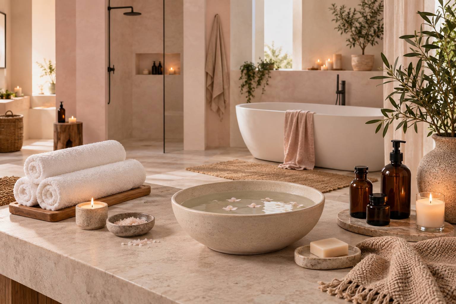 Salle de bain amenagee en rituel spa avec serviettes roulees et bougies