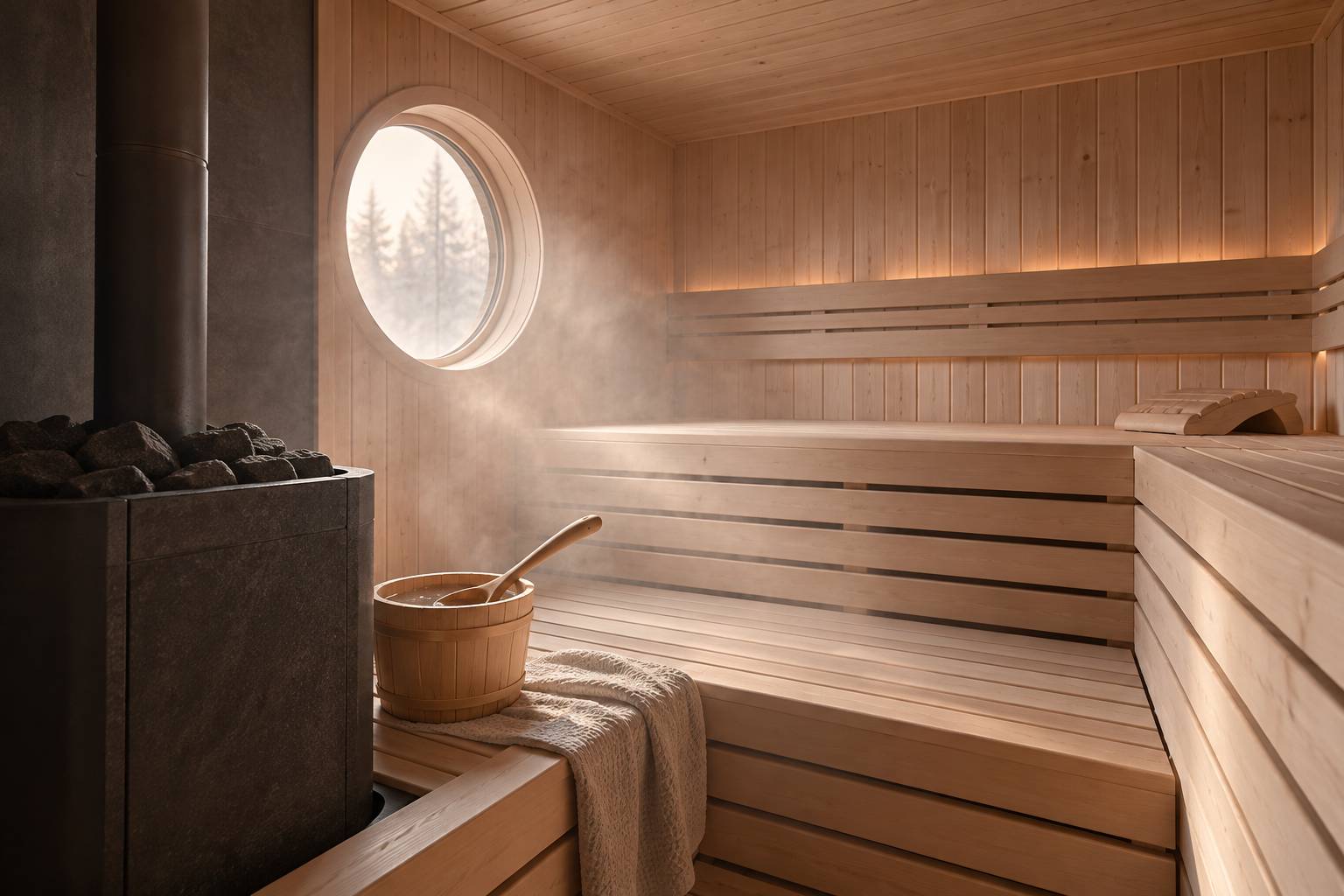 Bancs en bois et poêle à pierres d'un sauna finlandais traditionnel