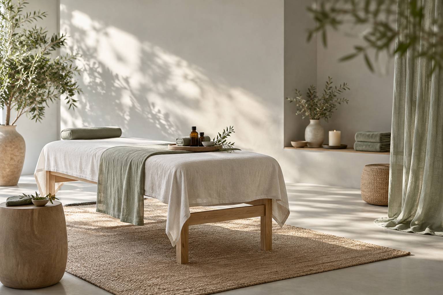 Table de soin avec flacons d'huile et serviettes roulees