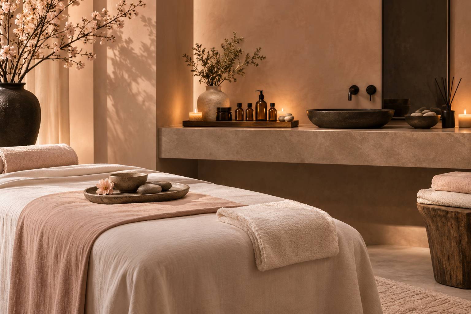 Cabine de spa avec flacons d'huiles essentielles et serviettes en lin