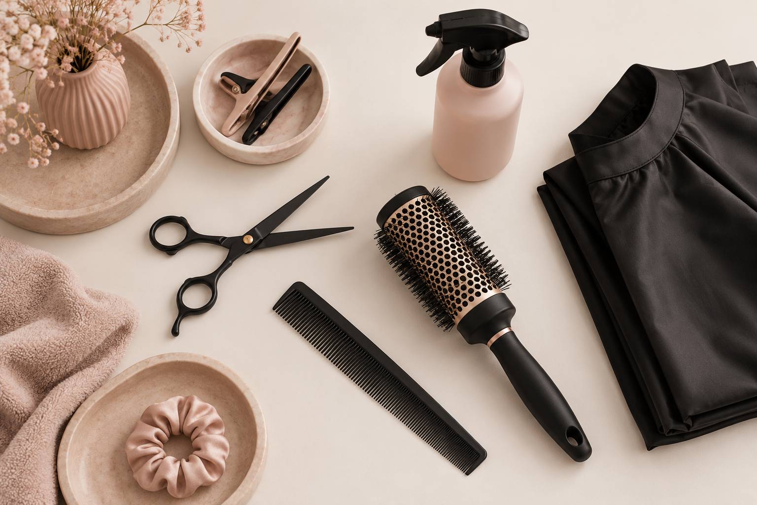 Console de coiffeur avec ciseaux, peigne et brosse sur plan clair