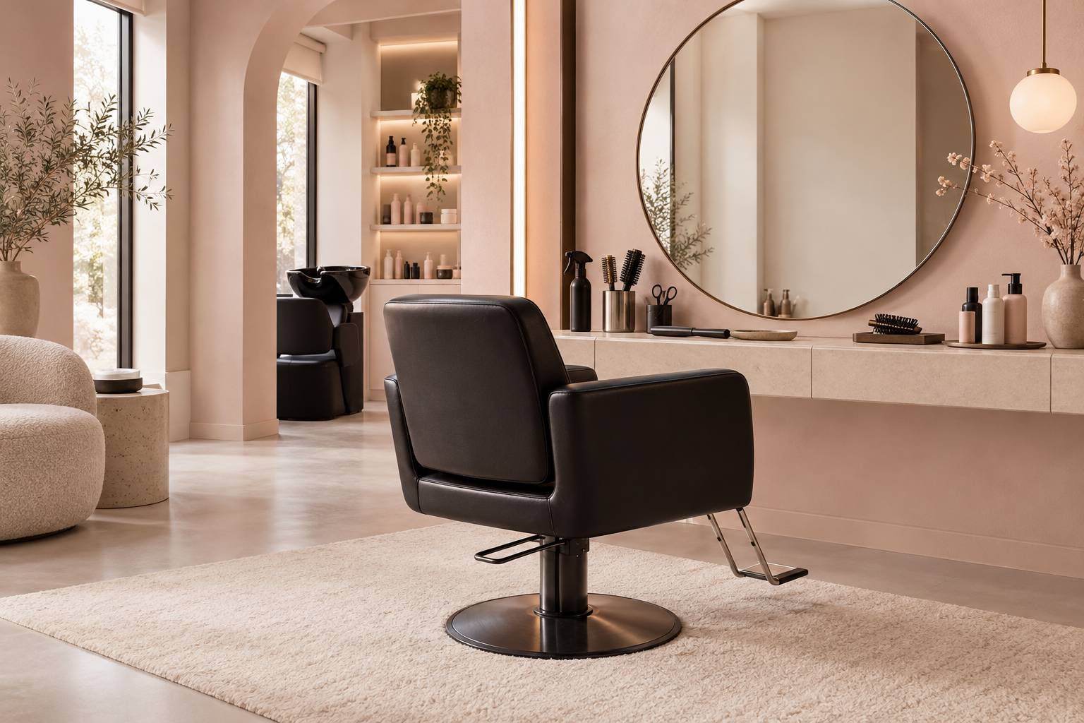 Salon de coiffure epure avec fauteuil en cuir et miroir rond