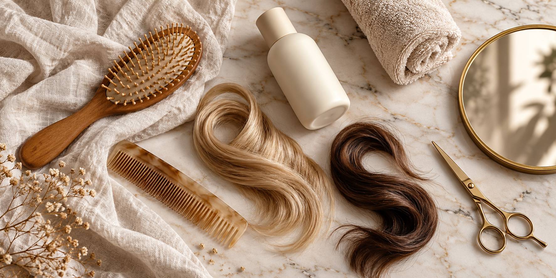 Brosse en bois, peigne fin et mèches de cheveux sur un drap de lin clair