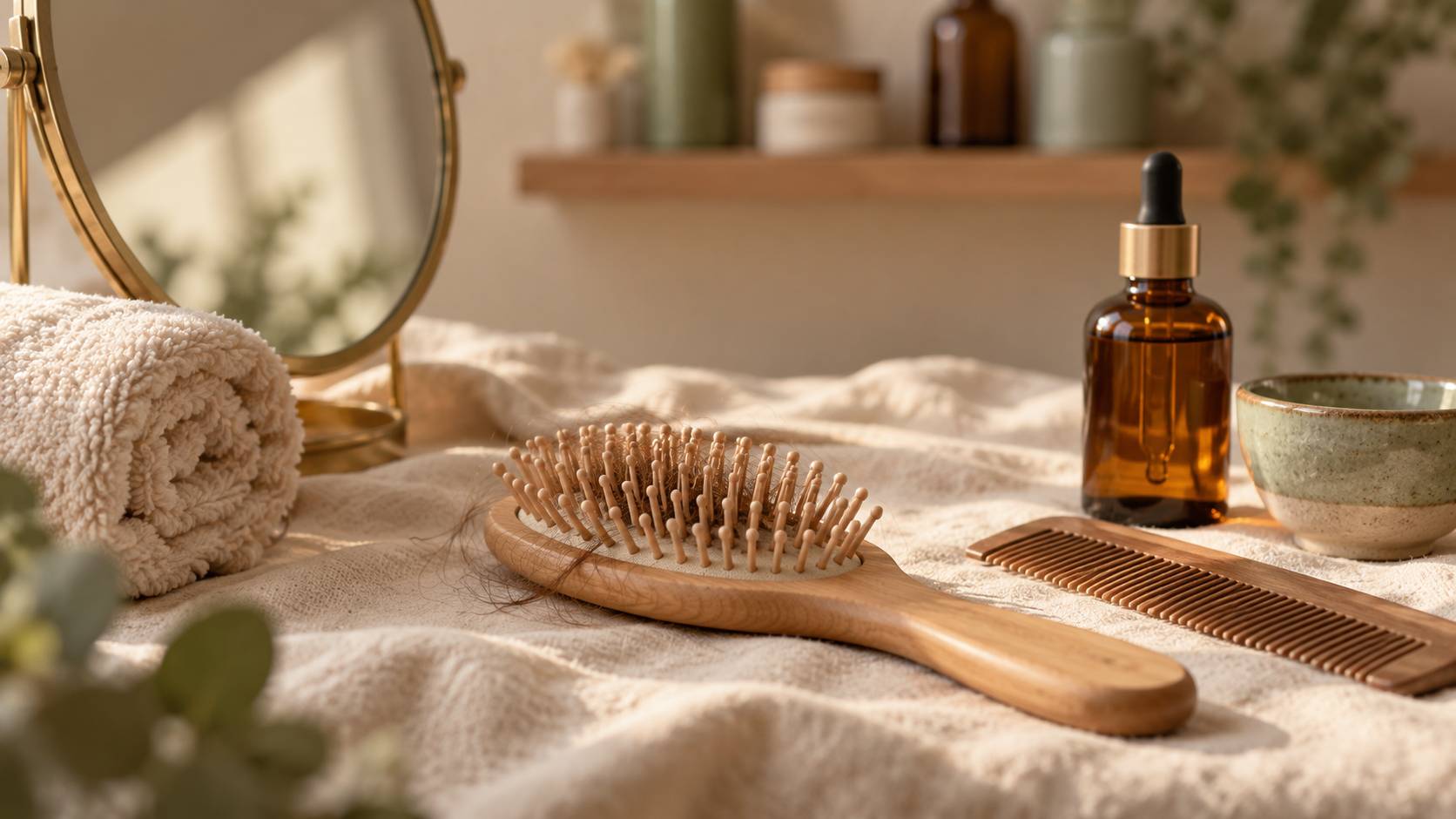 Brosse en bois avec quelques mèches fines, flacon de verre ambré et peigne sur un linge