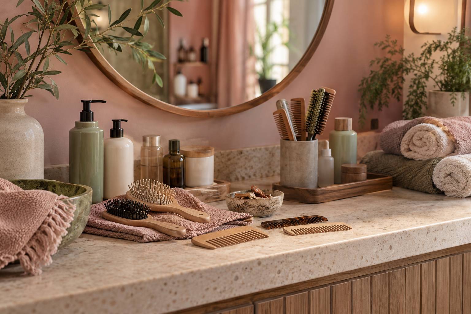 Brosses à cheveux en bois et peignes sur un comptoir de soin