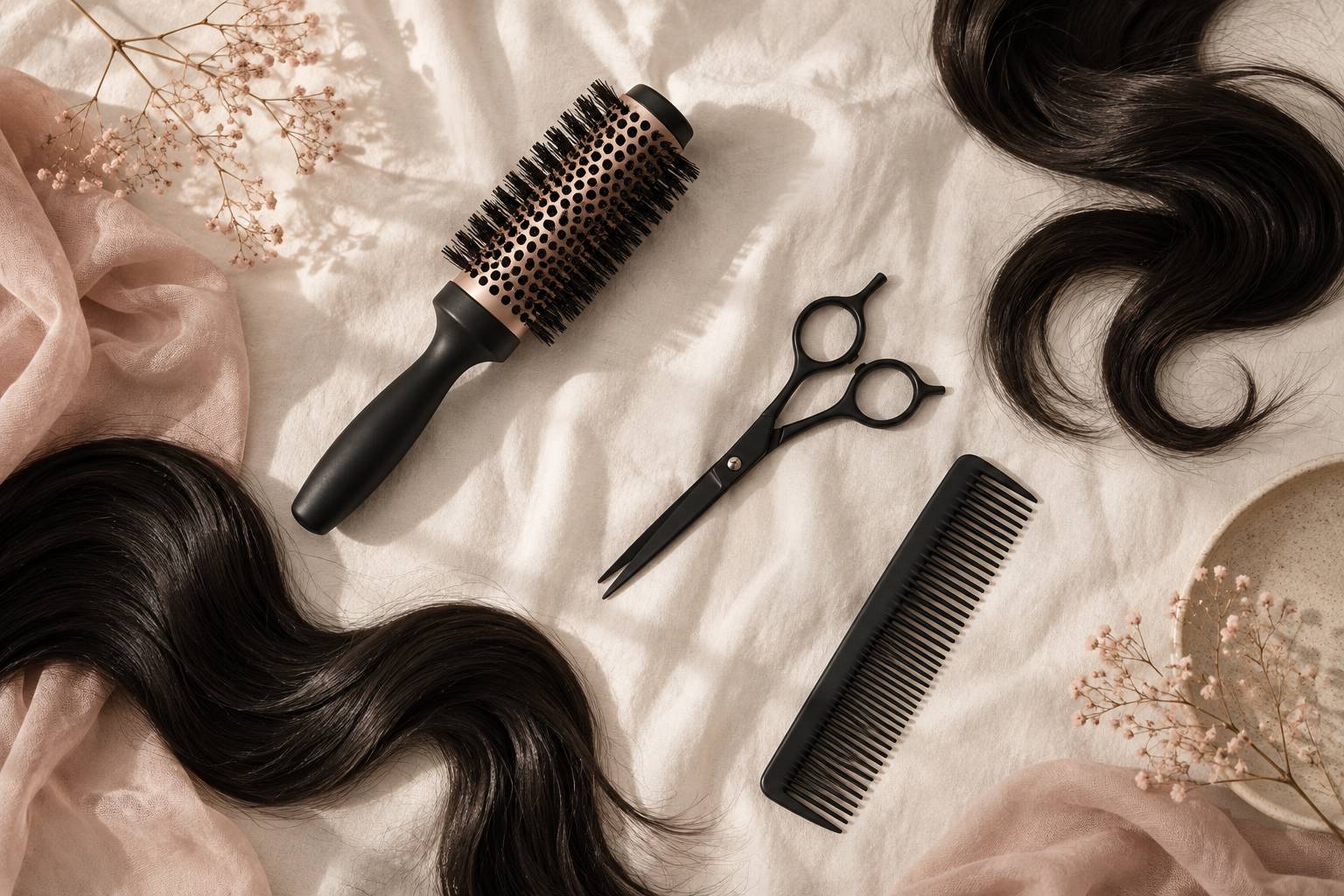 Brosse, ciseaux et meches de cheveux sur un drap clair