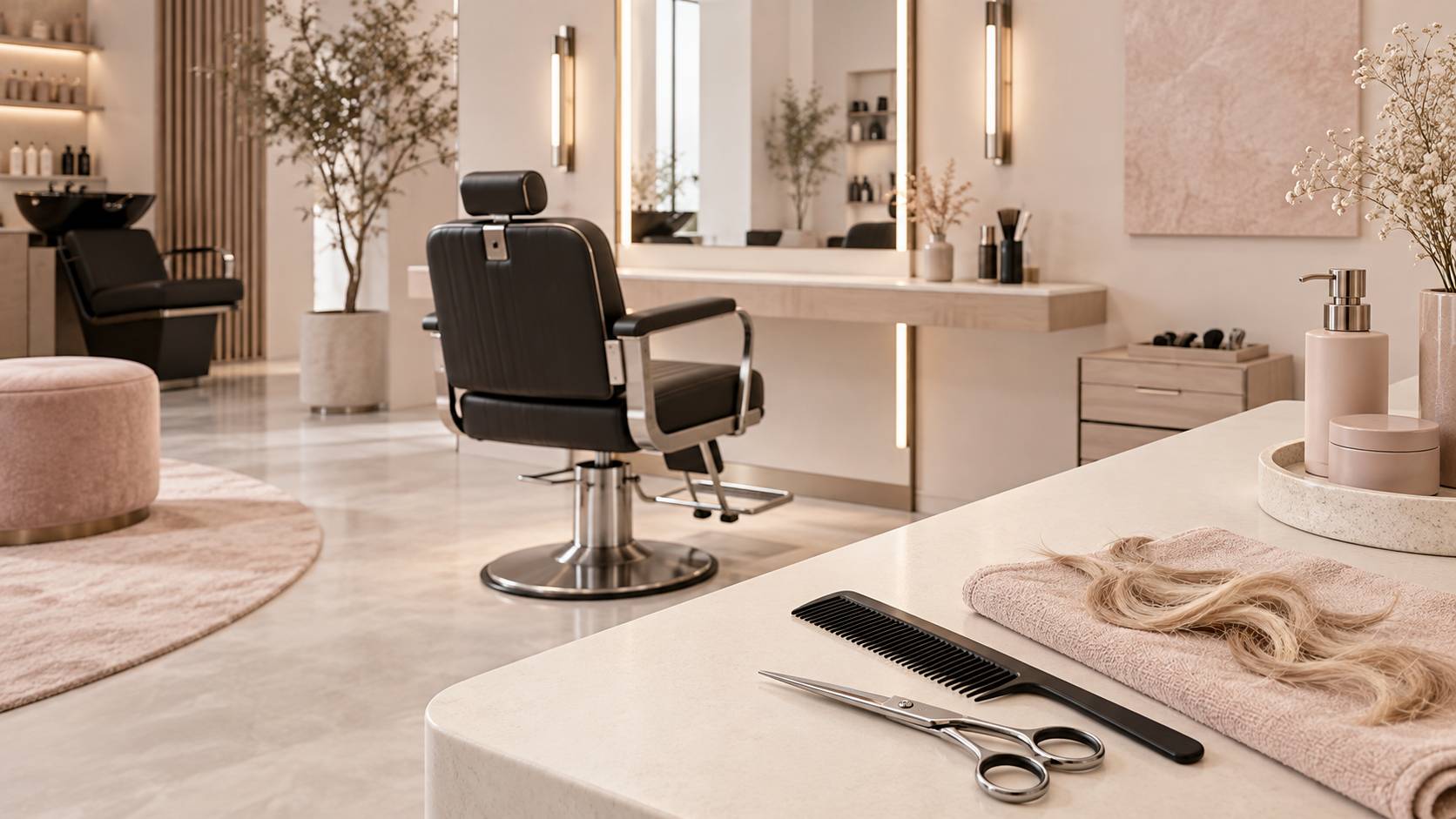 Chaise de coiffure et ciseaux dans un salon de coiffure clair