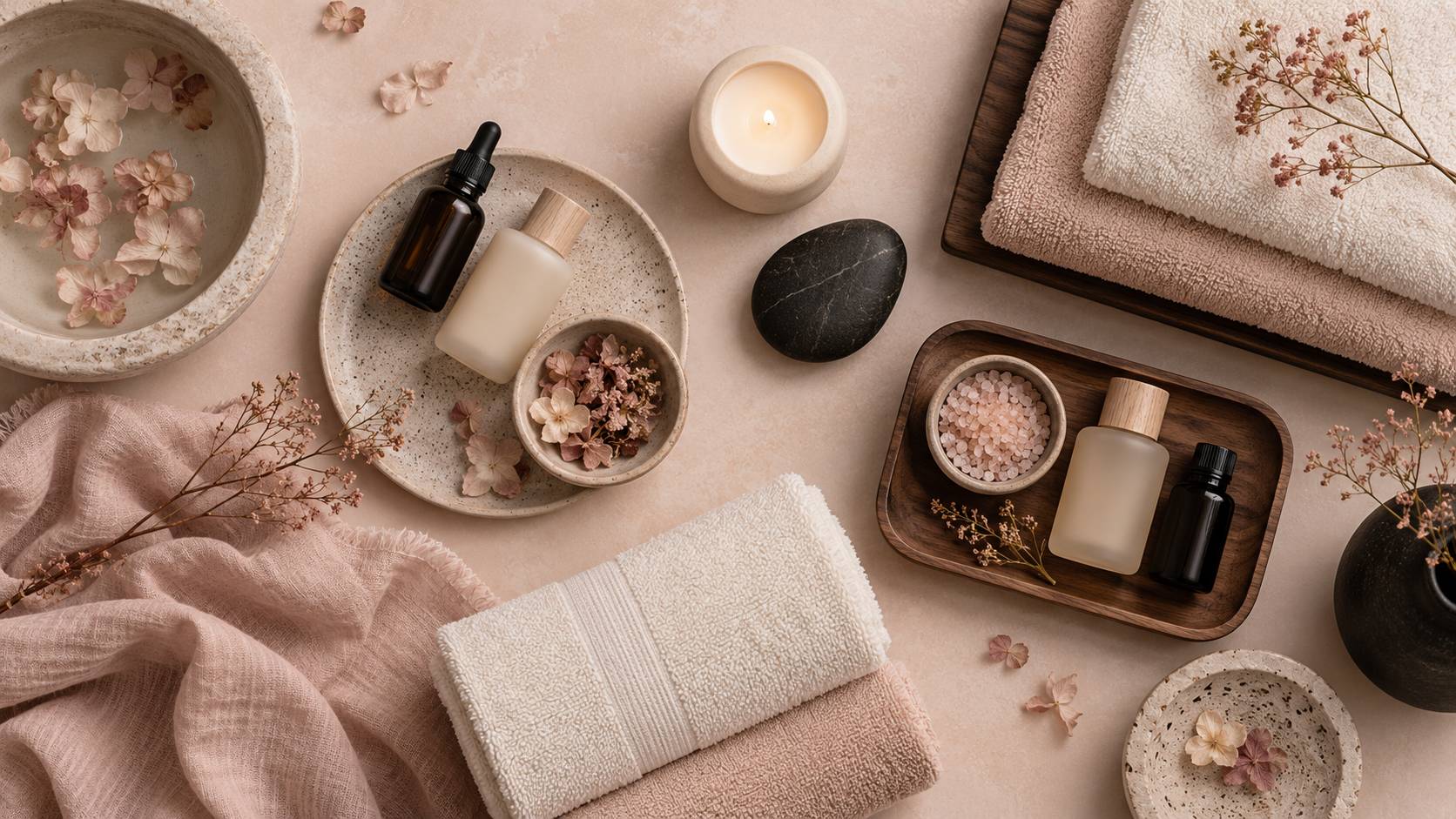 Table de spa avec serviettes pliées, flacons de soins et bougie