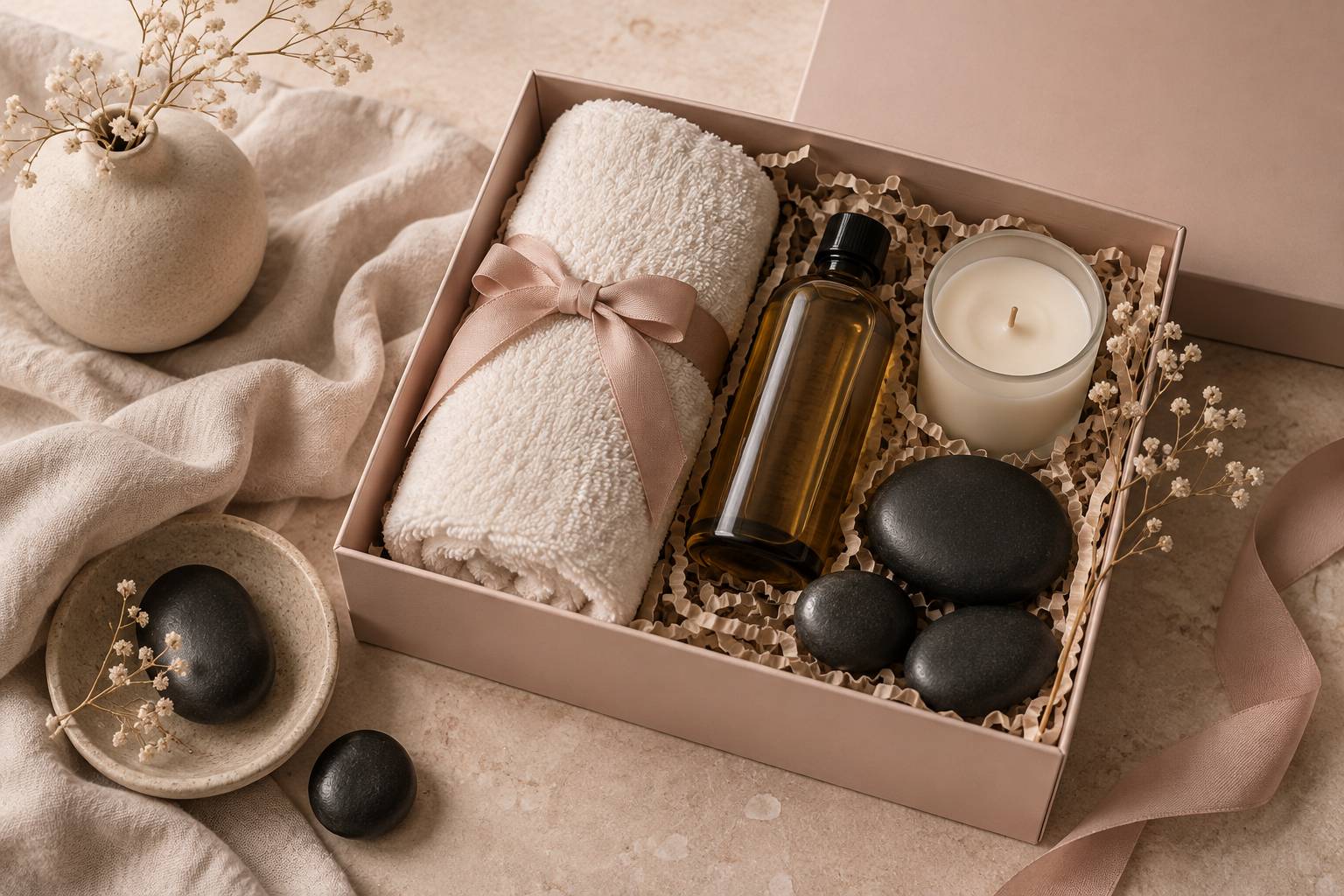 Coffret cadeau bien-être avec serviette, huile de massage et bougie