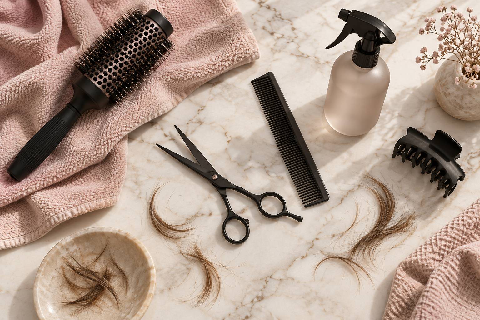 Ciseaux, peigne et brosse poses sur une serviette de coiffeur en plongee