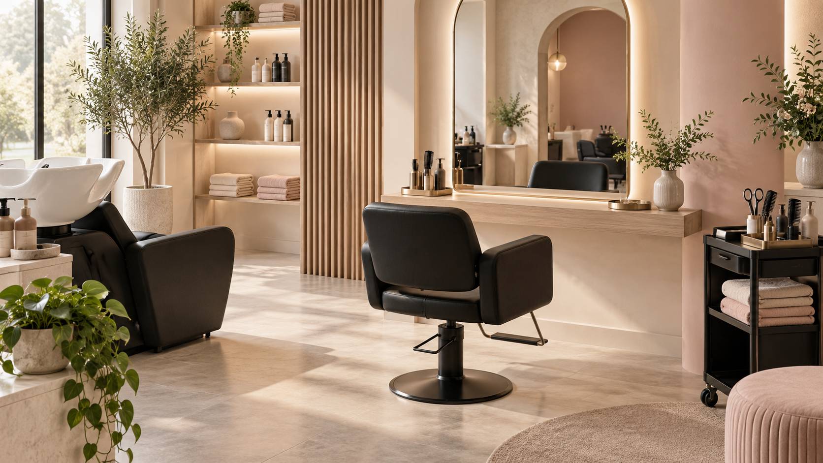 Salon de coiffure lumineux avec fauteuil, miroir et ciseaux
