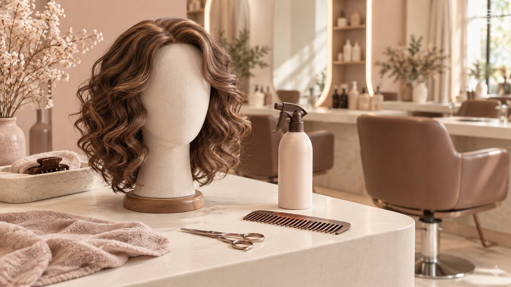 Boucles génériques sur tête de mannequin avec ciseaux et peigne à dents larges
