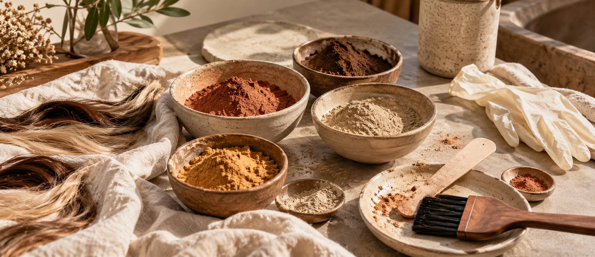 Bols de poudre vegetale et pinceau de coloration sur un plan de travail