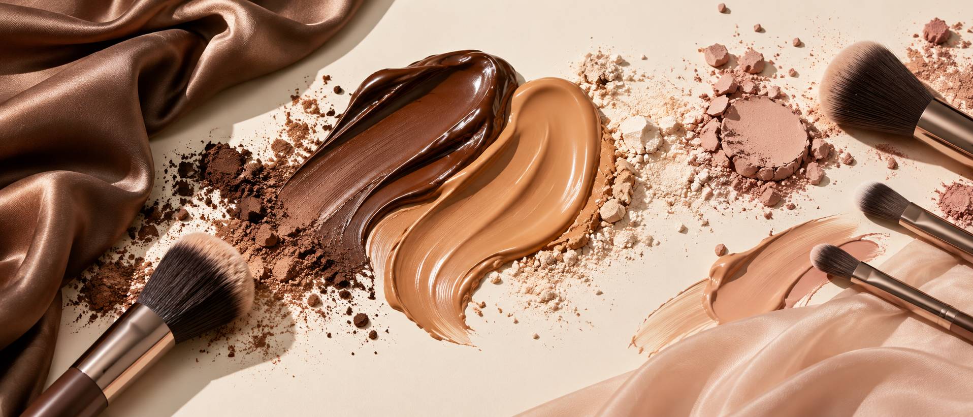 Nuances chocolat et caramel de produits de maquillage sur fond crème